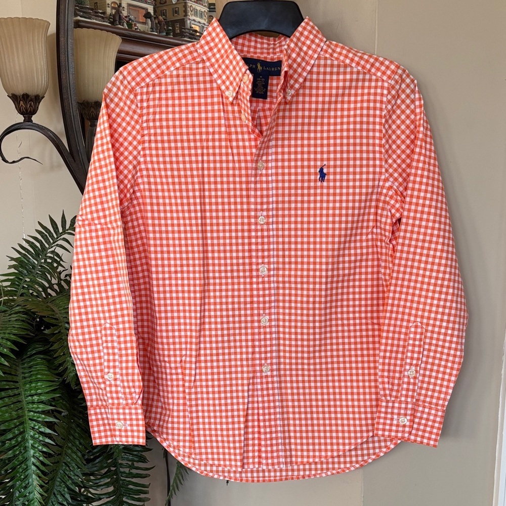 NWOT Polo Ralph Lauren Orange & White Check Cotton Botton Down Long Sleeve Shirt
